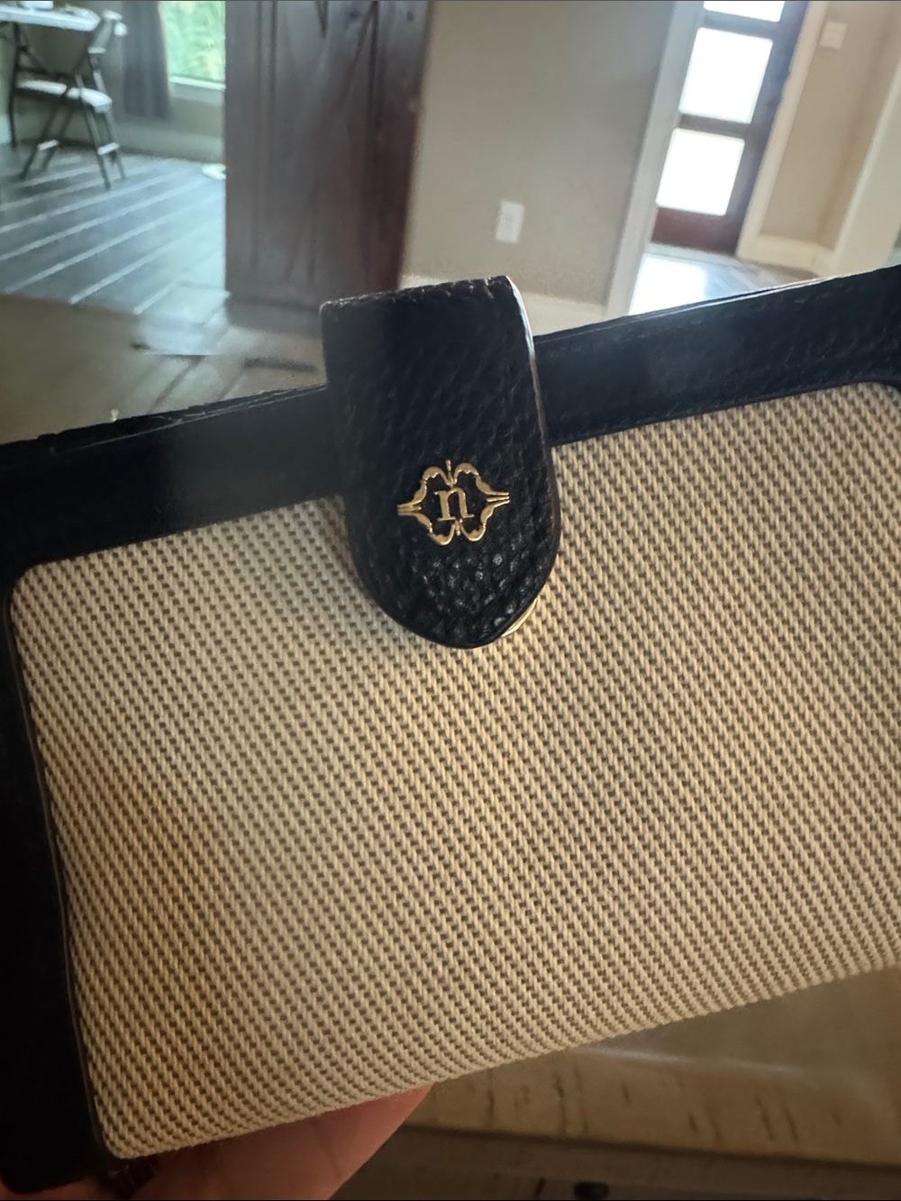 Nanette Lepore Black and Cream Canvas Wallet with Gold Accent